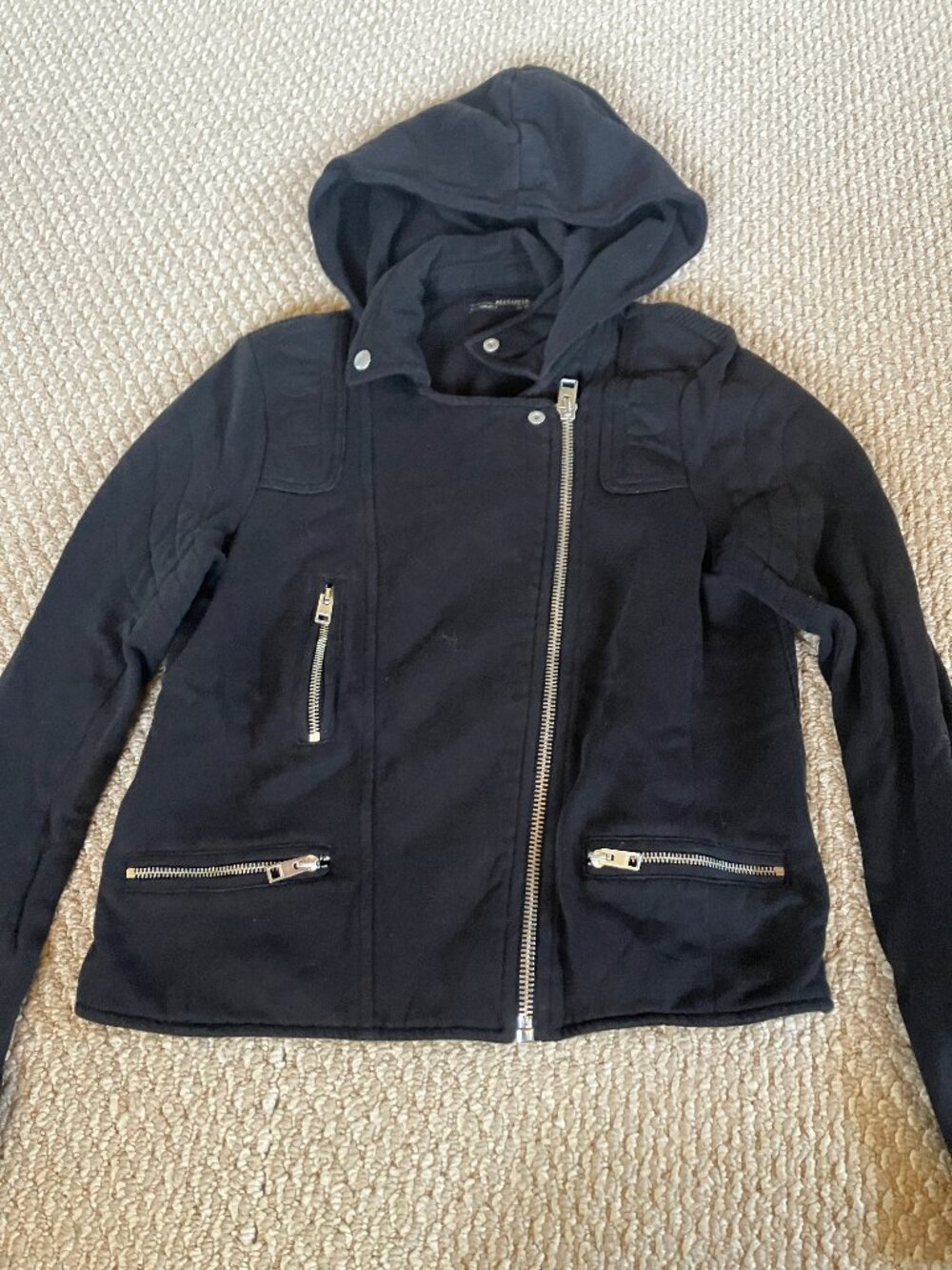 All Saints Amelie Biker Black Cotton Blend Moto Jacket with Hood Women’s Size 6